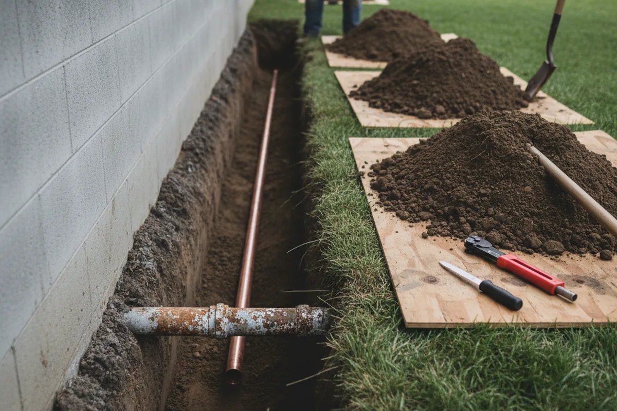 Excavated water line trench during Water Softener Installation in Overton